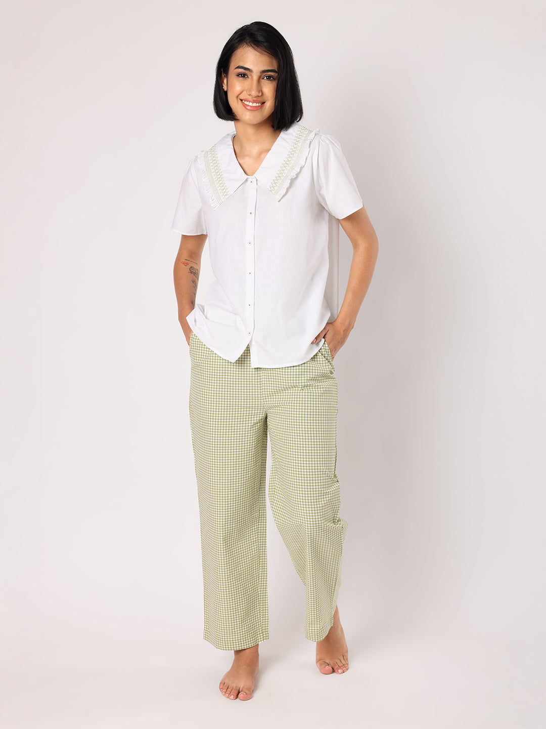 Green & White Checkered Pyjama Set With Smocked Collar White Top