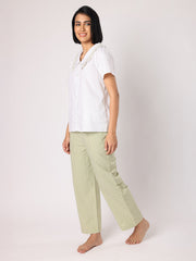 Green & White Checkered Pyjama Set With Smocked Collar White Top