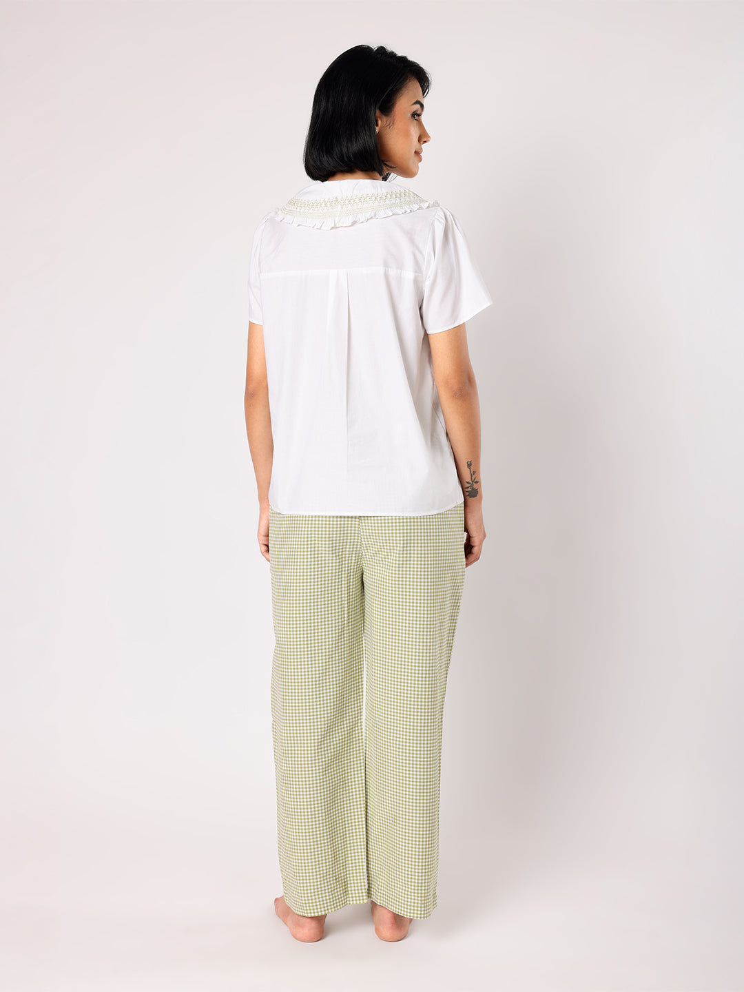Green & White Checkered Pyjama Set With Smocked Collar White Top