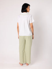 Green & White Checkered Pyjama Set With Smocked Collar White Top