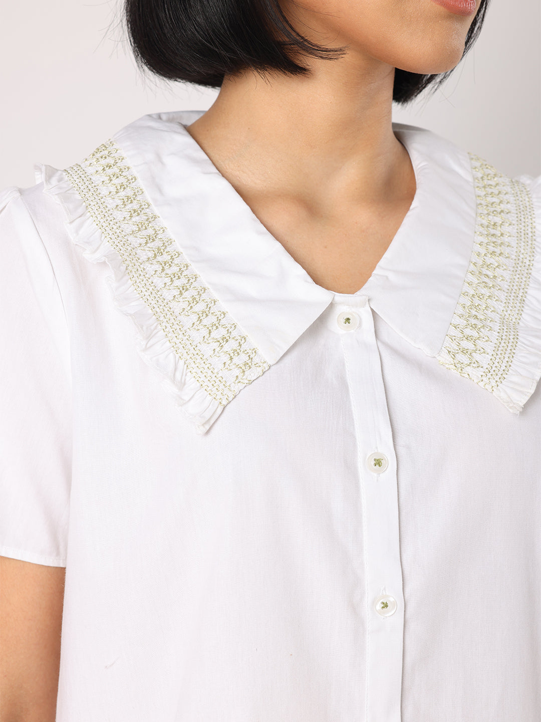 Green & White Checkered Pyjama Set With Smocked Collar White Top