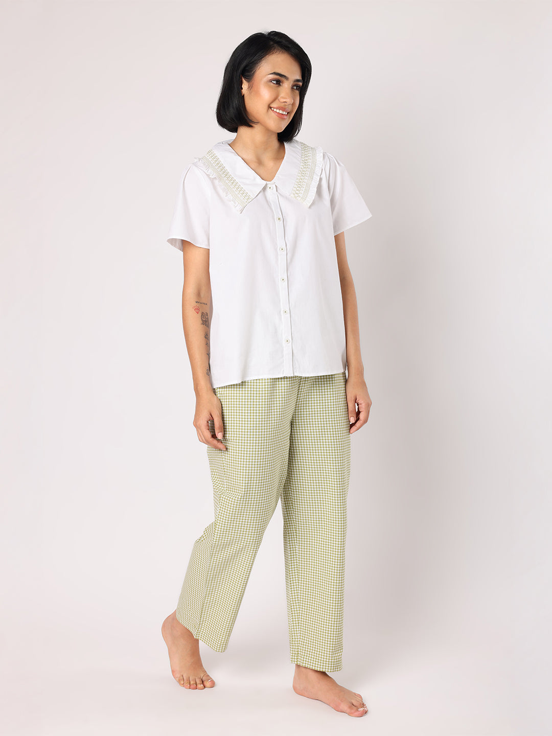 Green & White Checkered Pyjama Set With Smocked Collar White Top