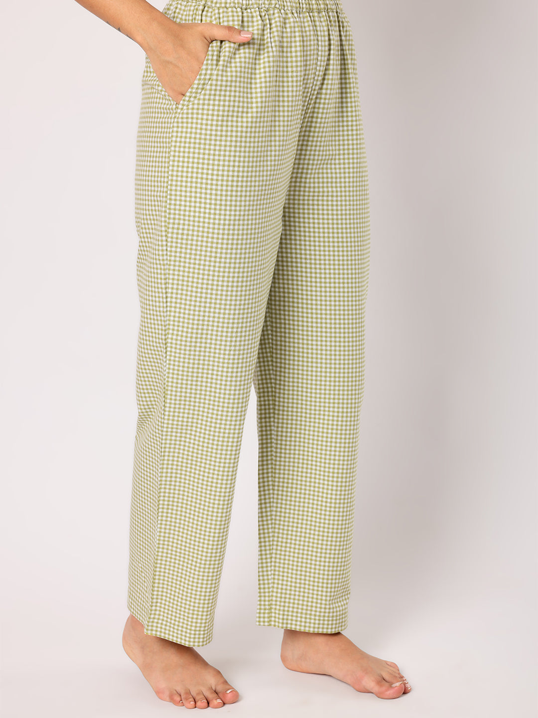 Green & White Checkered Pyjama Set With Smocked Collar White Top
