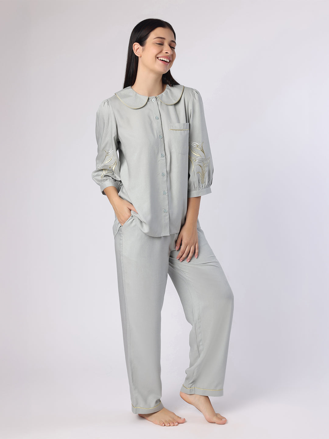 Grey Nightwear With Gold-Silver Floral Embroidery