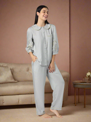 Grey Nightwear With Gold-Silver Floral Embroidery