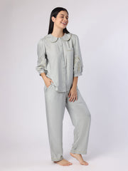 Grey Nightwear With Gold-Silver Floral Embroidery