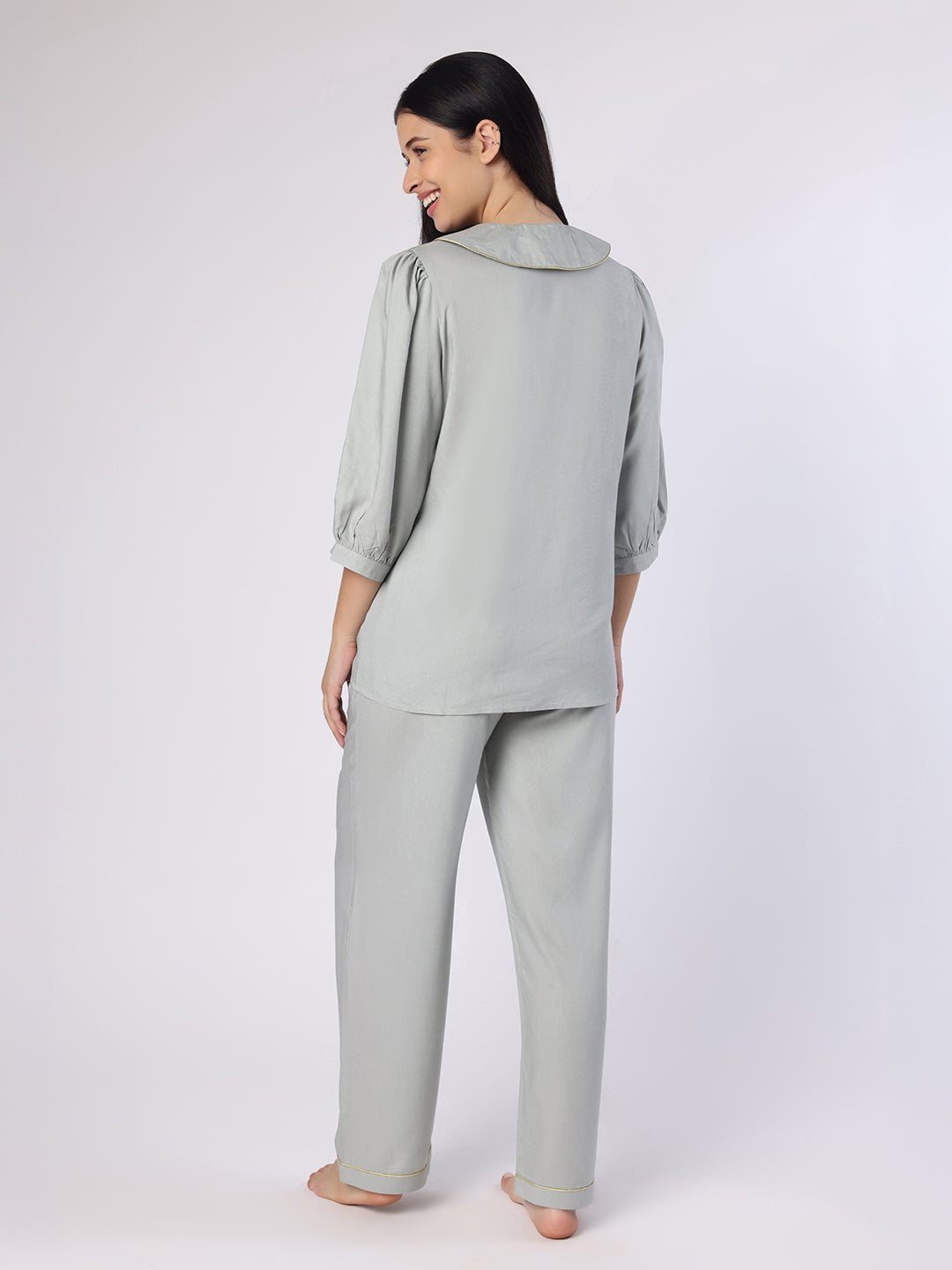 Grey Nightwear With Gold-Silver Floral Embroidery