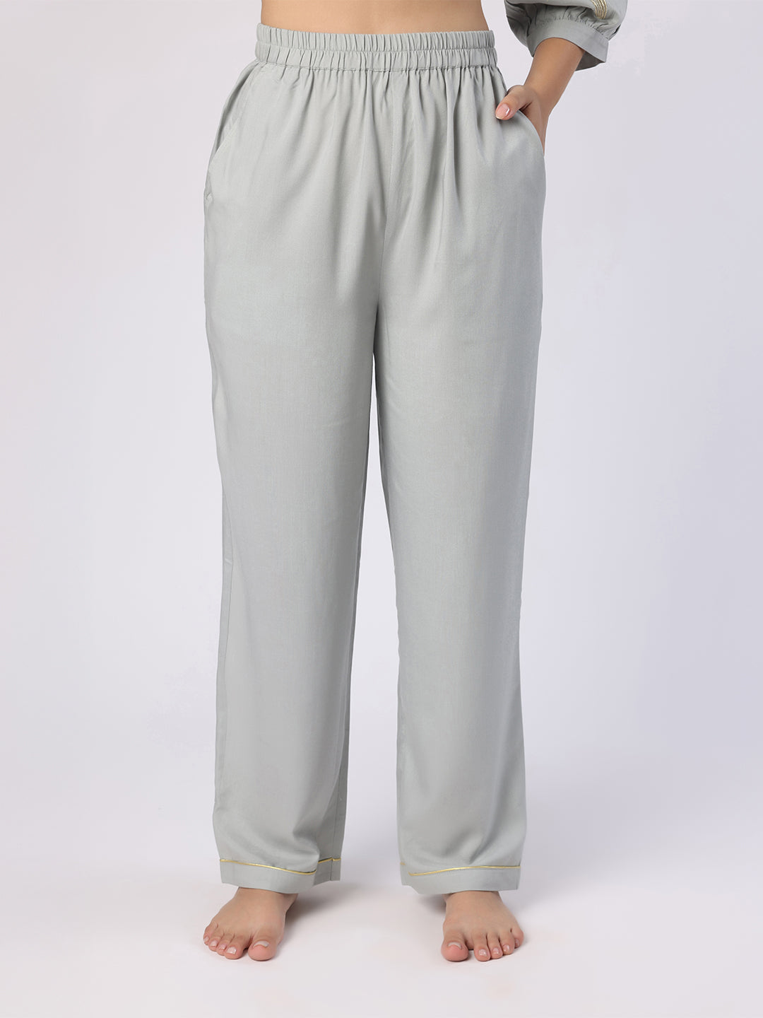 Grey Nightwear With Gold-Silver Floral Embroidery
