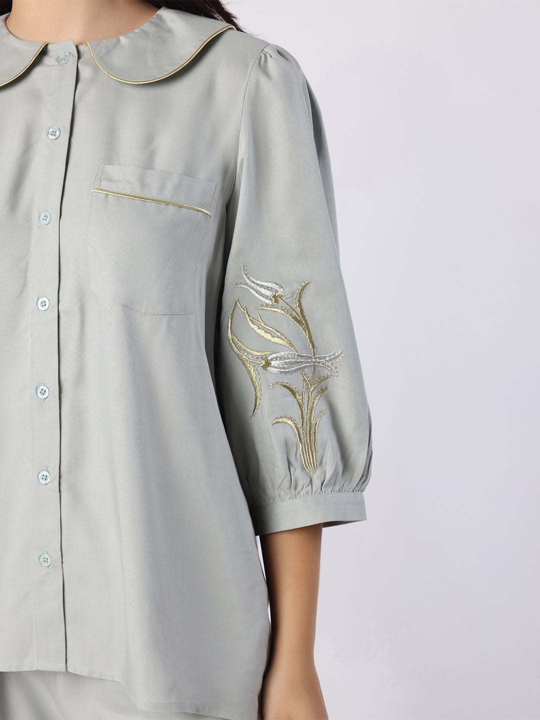 Grey Nightwear With Gold-Silver Floral Embroidery
