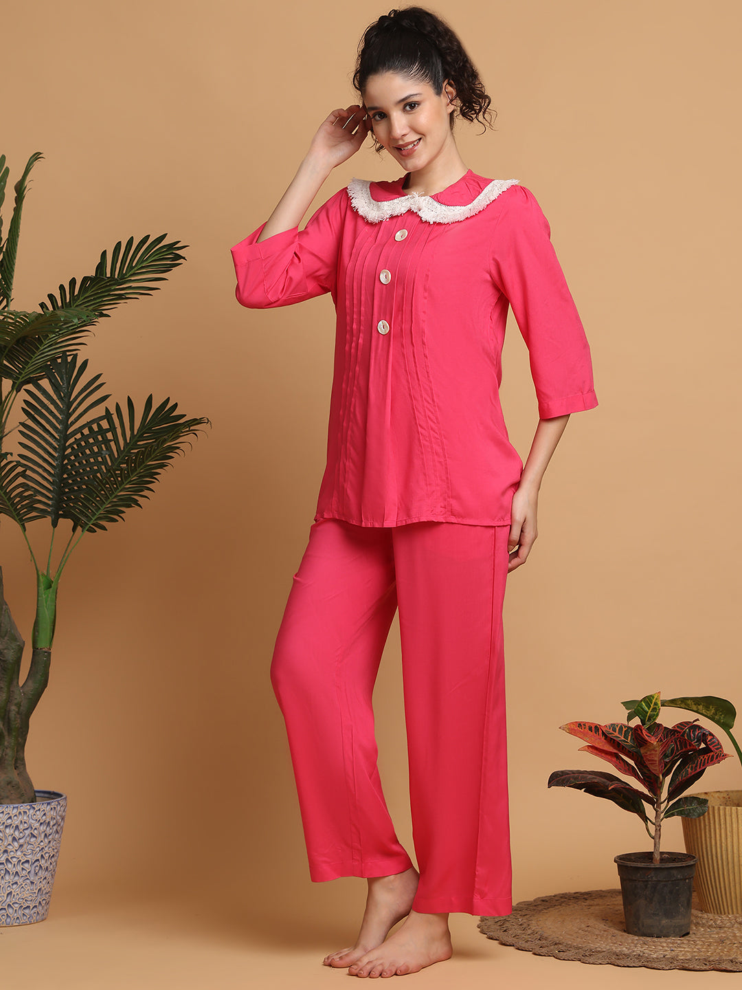 Hot Pink Fringe Lace Collar Nightwear