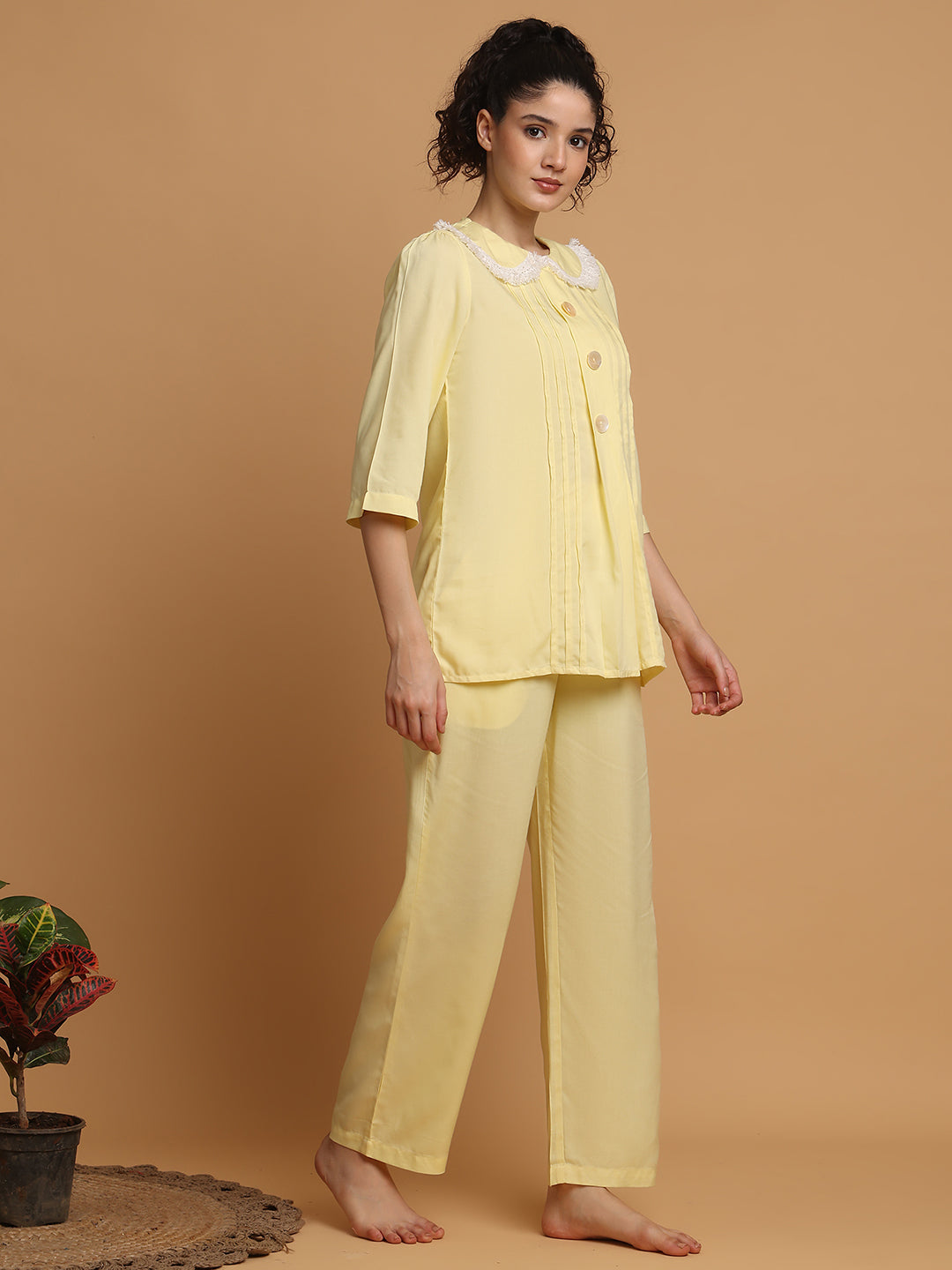 Lemon Yellow Fringe Lace Collar Nightwear