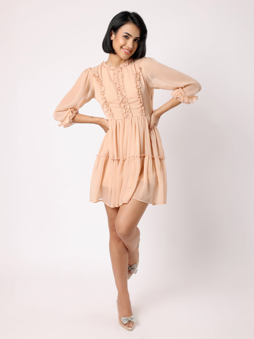 Nude Peach Tiered Dress With Front Frill Detail