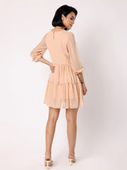 Nude Peach Tiered Dress With Front Frill Detail