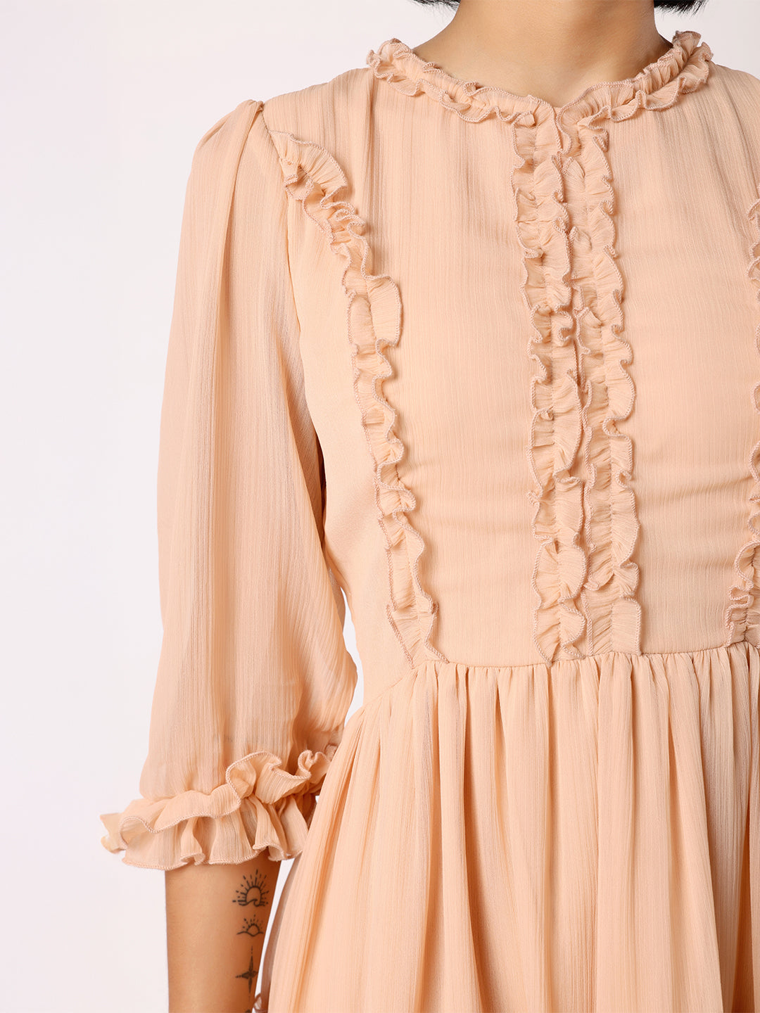 Nude Peach Tiered Dress With Front Frill Detail