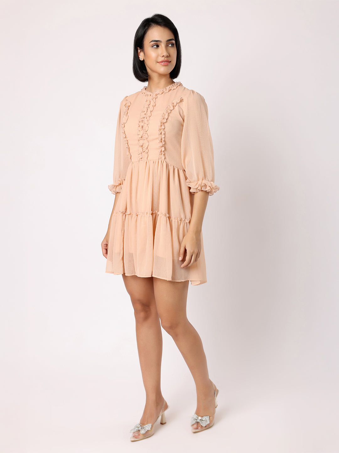 Nude Peach Tiered Dress With Front Frill Detail