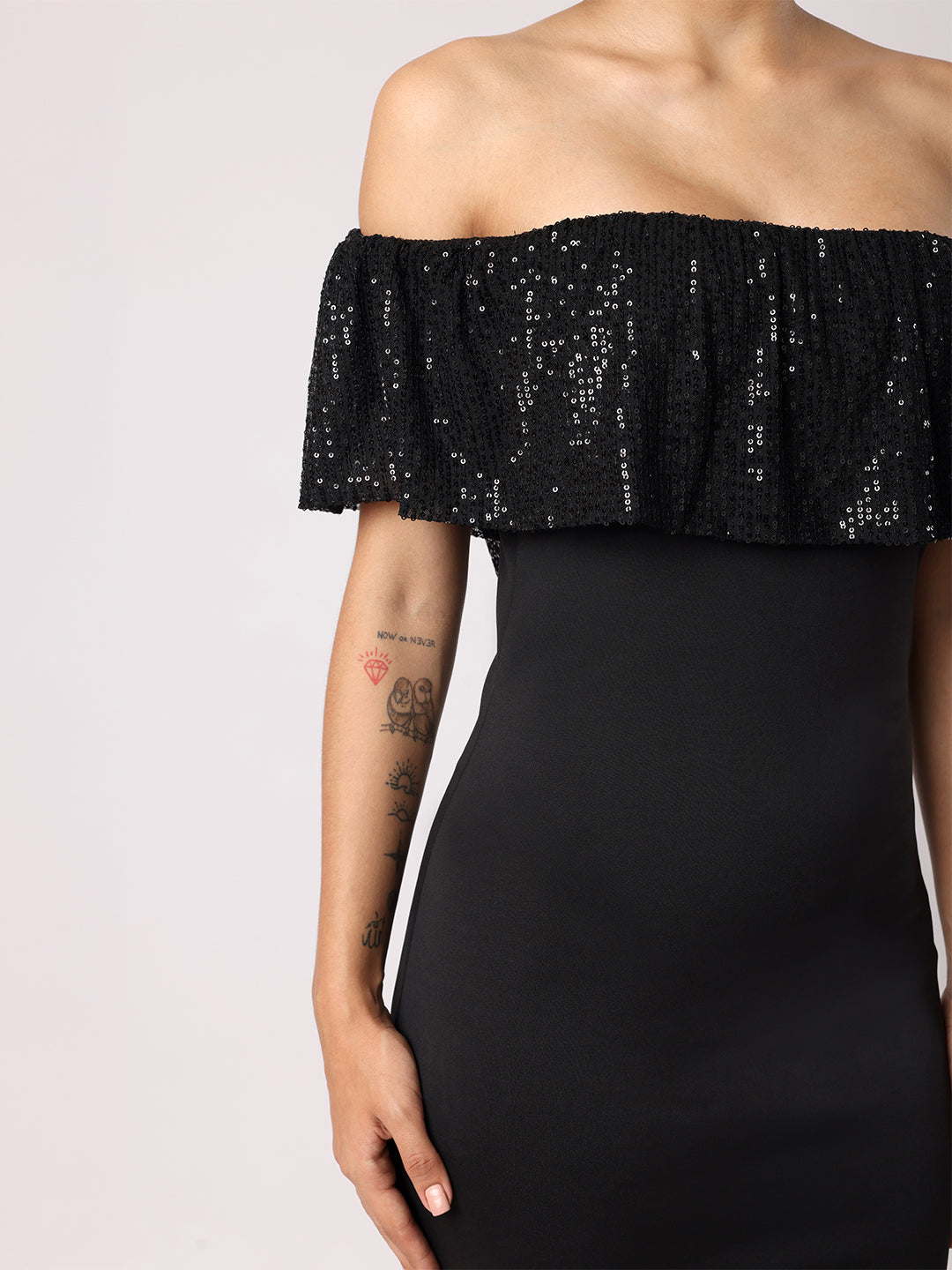 Off-Shoulder Dress With Sequined Bubble Hem Ruffle