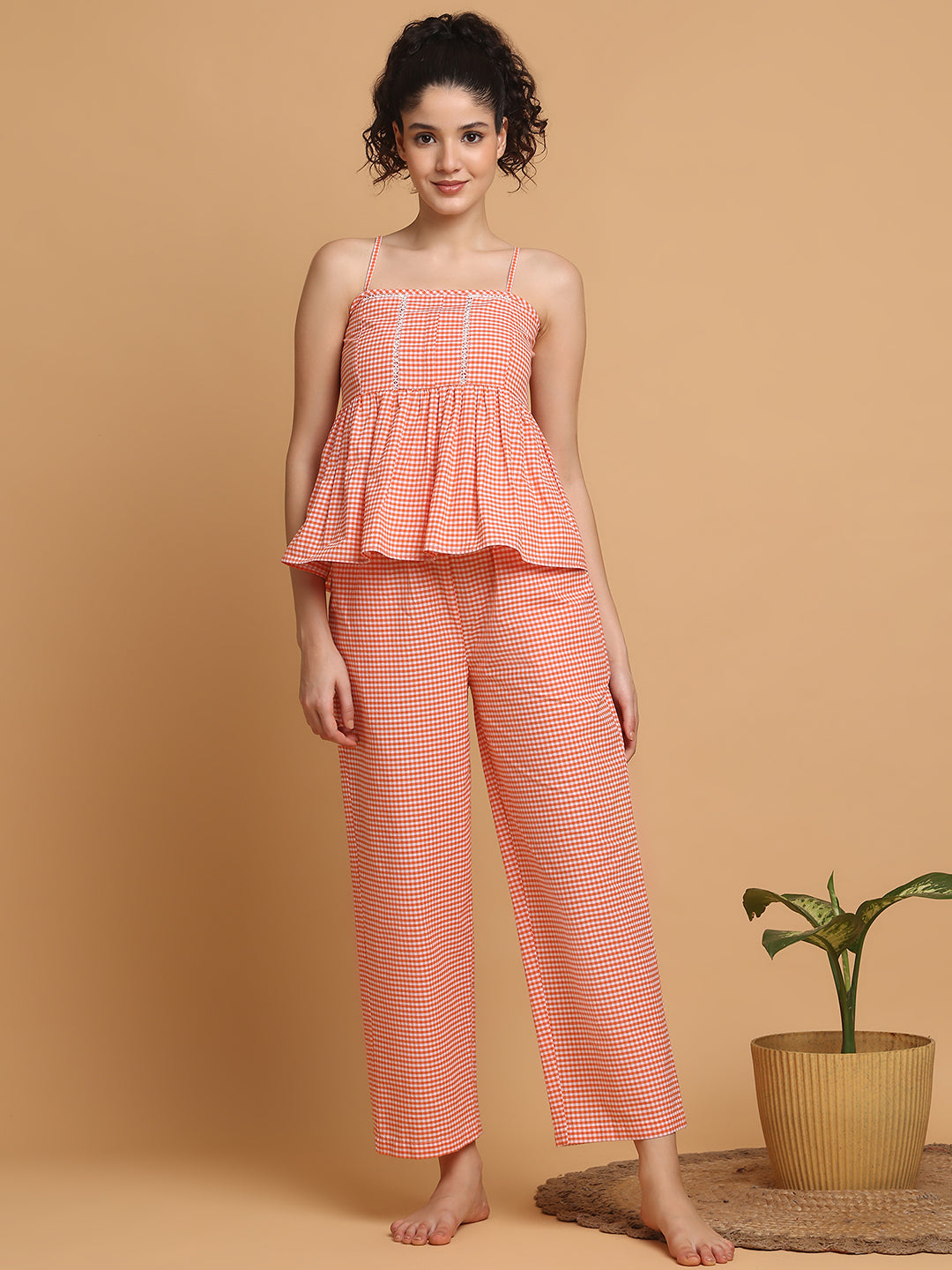 Orange Checkered Strappy Top With Pyjama
