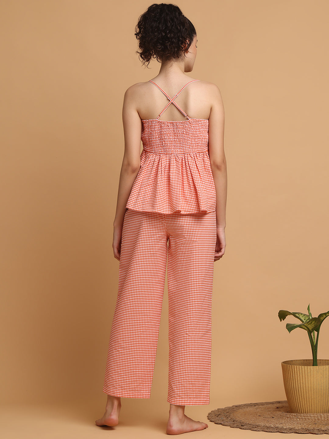 Orange Checkered Strappy Top With Pyjama
