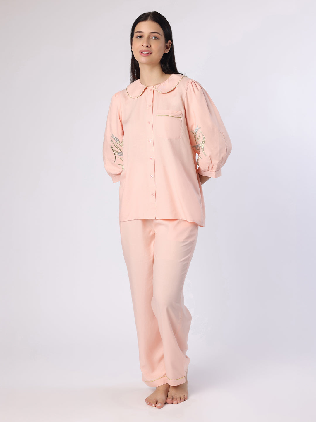 Peach Nightwear With Gold-Silver Floral Embroidery