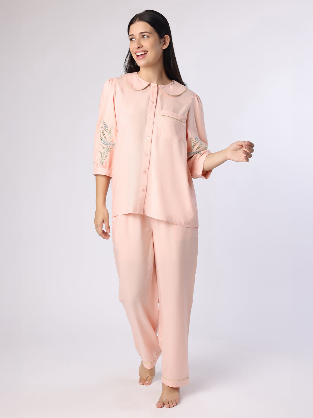 Peach Nightwear With Gold-Silver Floral Embroidery