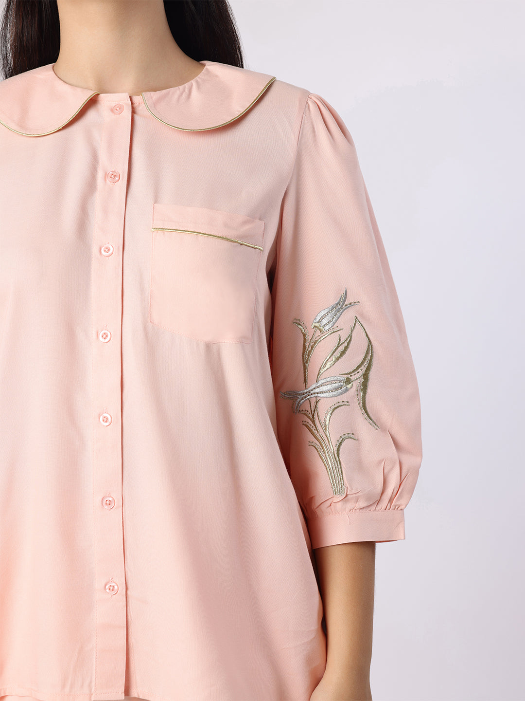 Peach Nightwear With Gold-Silver Floral Embroidery