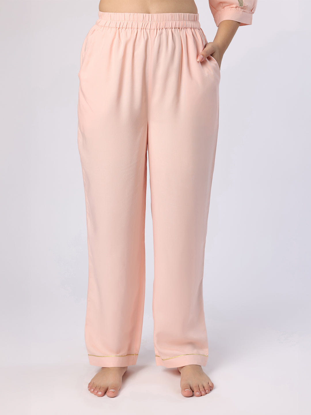 Peach Nightwear With Gold-Silver Floral Embroidery