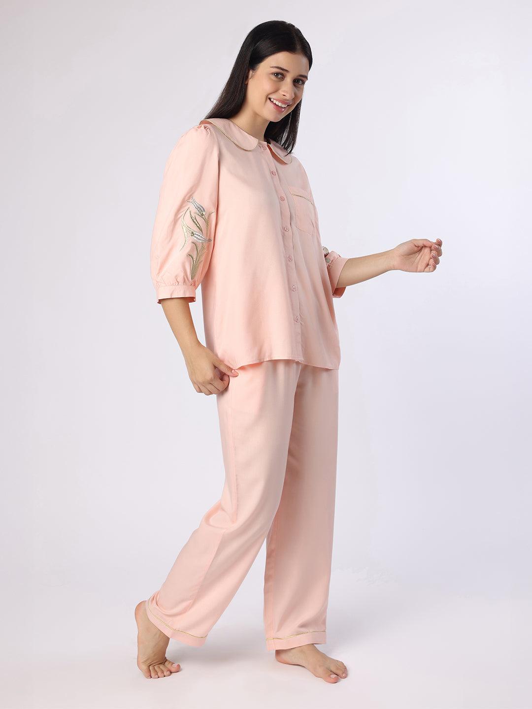 Peach Nightwear With Gold-Silver Floral Embroidery