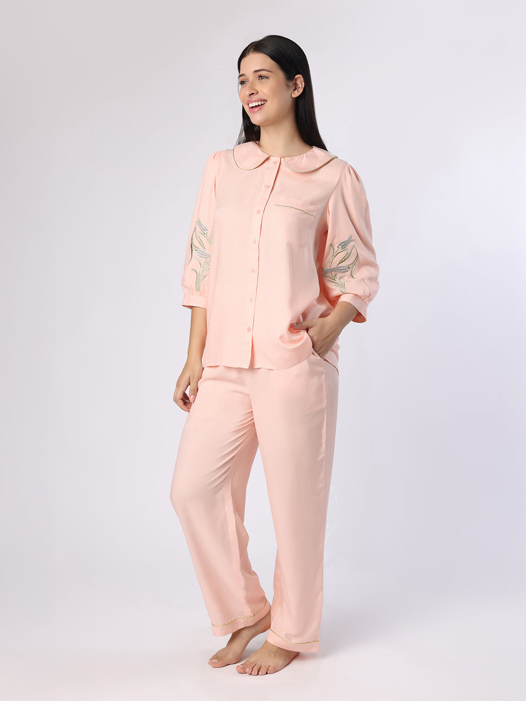 Peach Nightwear With Gold-Silver Floral Embroidery