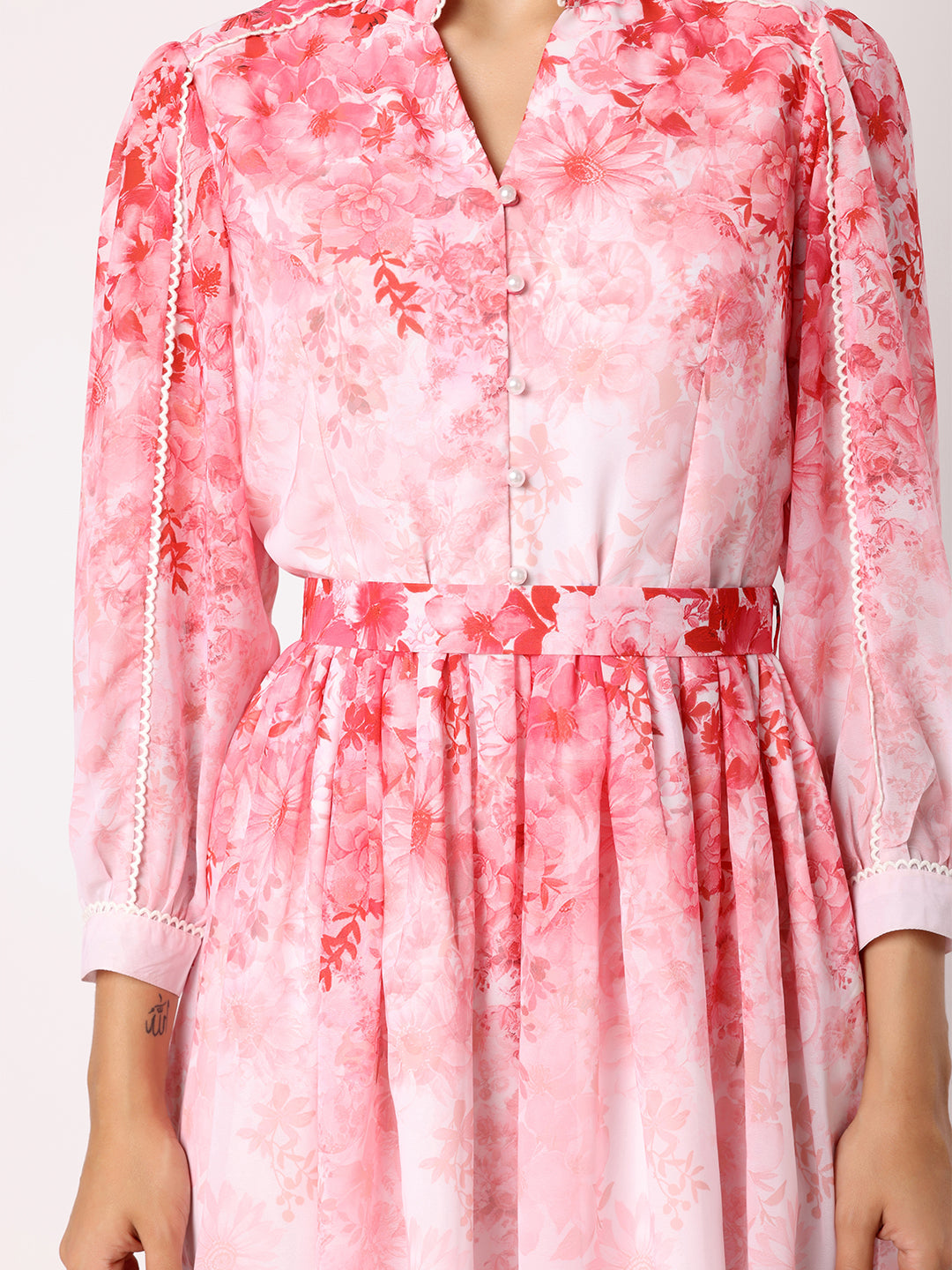 Pink Floral Dress With Belt