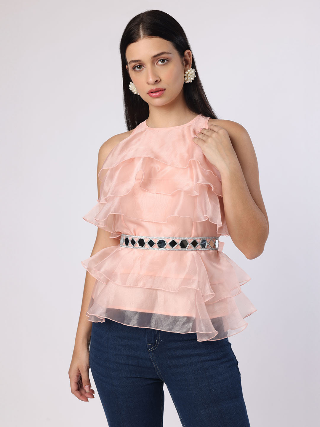 Pink Frill Top With Mirror Belt