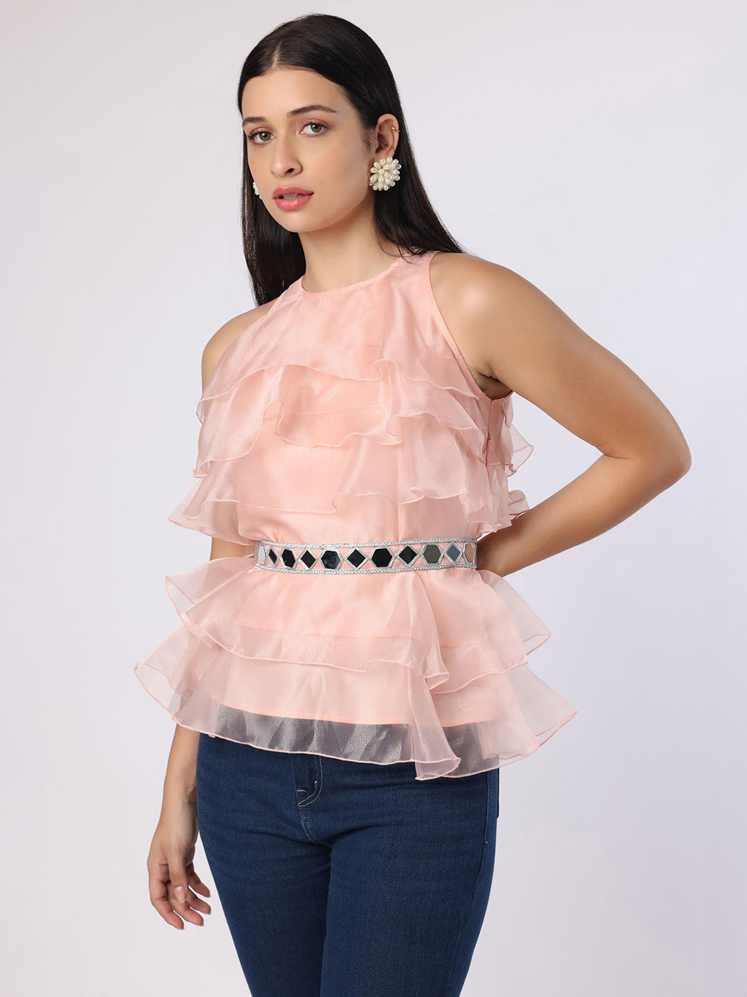Pink Frill Top With Mirror Belt