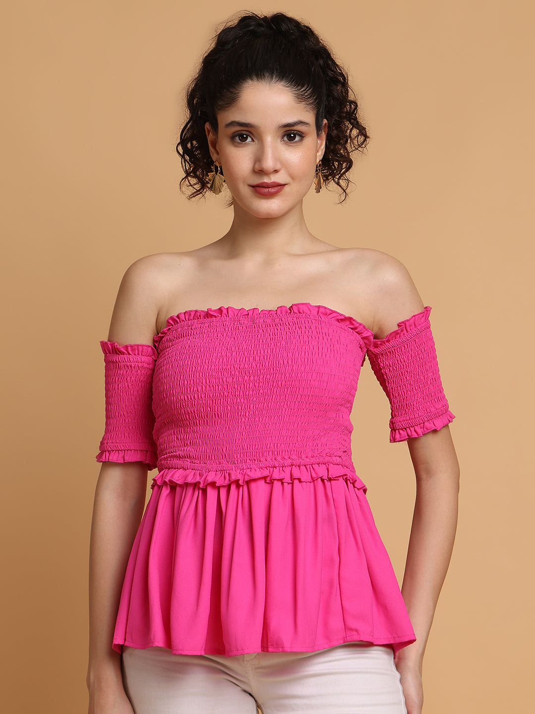 Pink Smocking Off-Shoulder Top