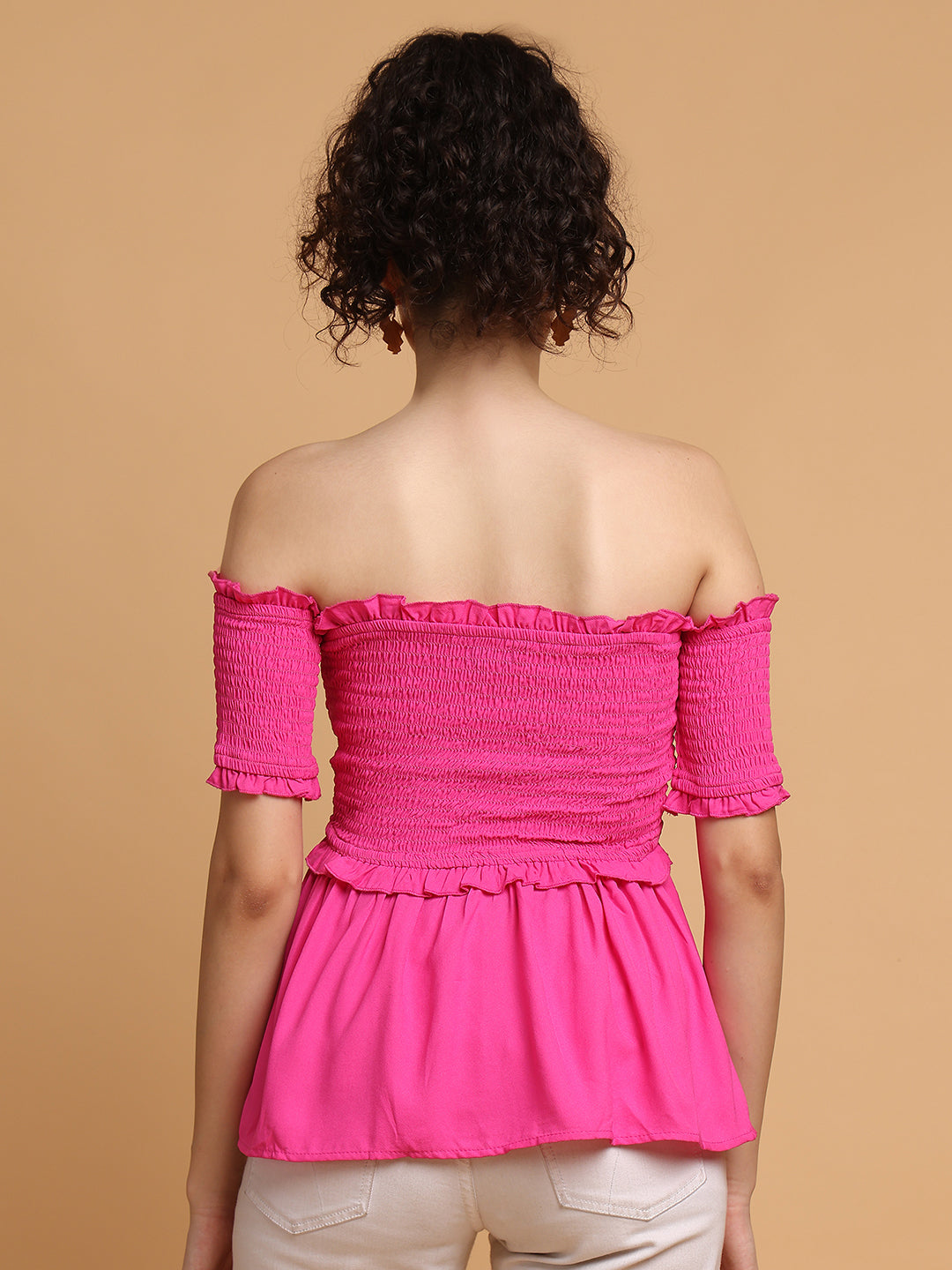 Pink Smocking Off-Shoulder Top
