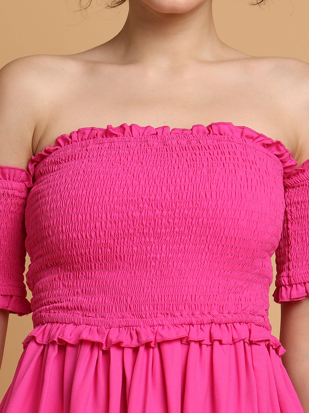 Pink Smocking Off-Shoulder Top