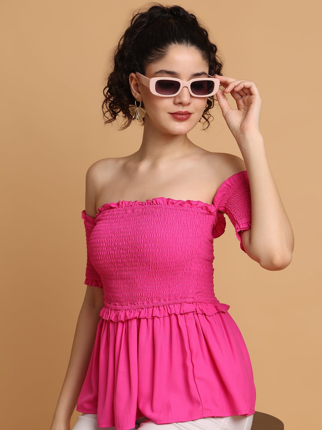 Pink Smocking Off-Shoulder Top