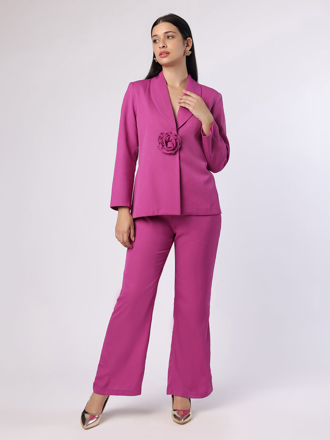 Purplish Pink Blazer Set With Flower Brooch