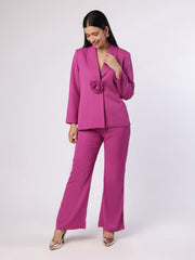 Purplish Pink Blazer Set With Flower Brooch