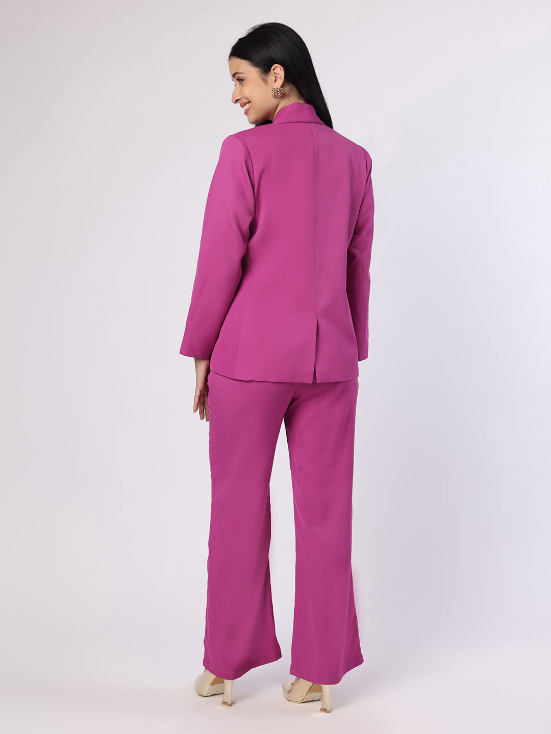 Purplish Pink Blazer Set With Flower Brooch
