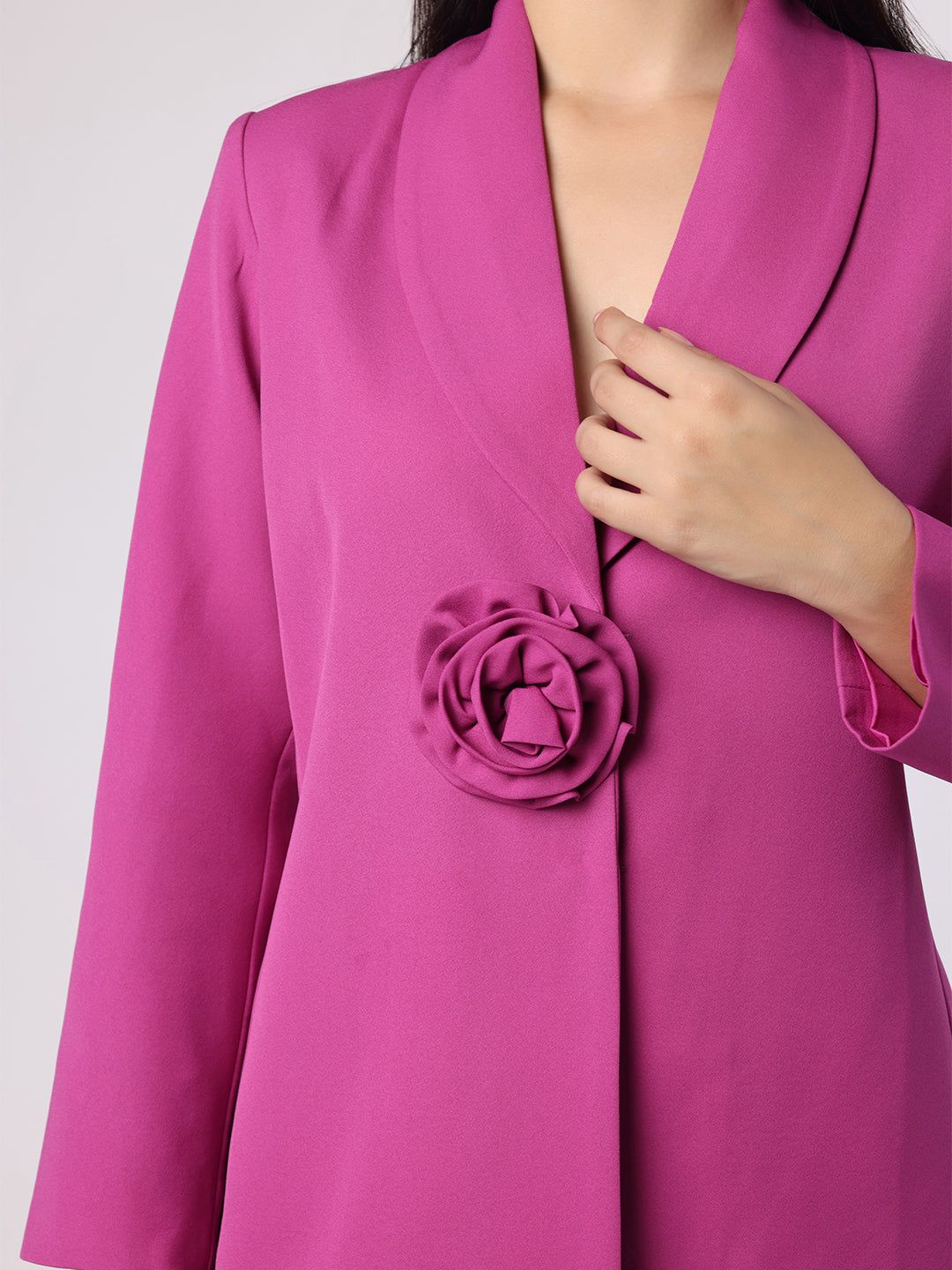 Purplish Pink Blazer Set With Flower Brooch