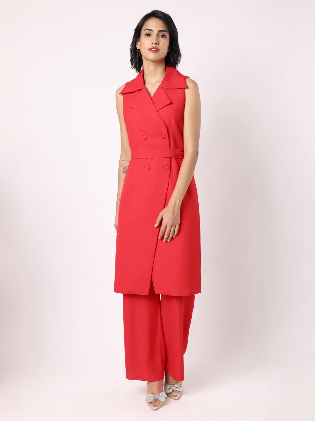 Red Orange Long Blazer With Trousers