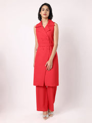 Red Orange Long Blazer With Trousers