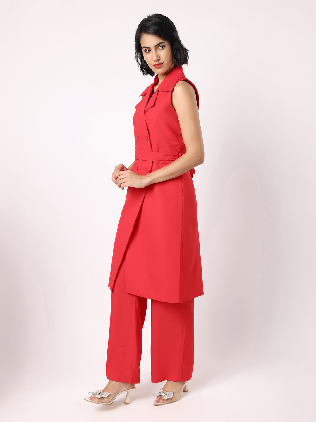 Red Orange Long Blazer With Trousers