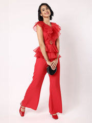 Red Organza Frill Top With Trousers