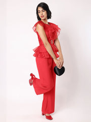 Red Organza Frill Top With Trousers