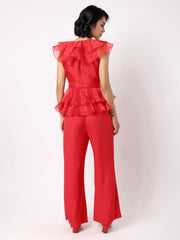 Red Organza Frill Top With Trousers