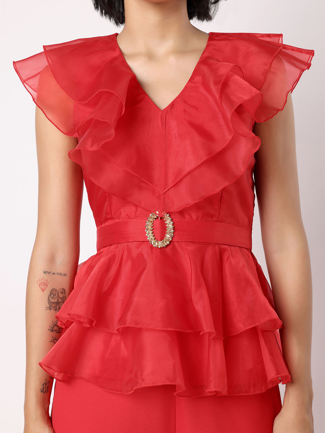 Red Organza Frill Top With Trousers