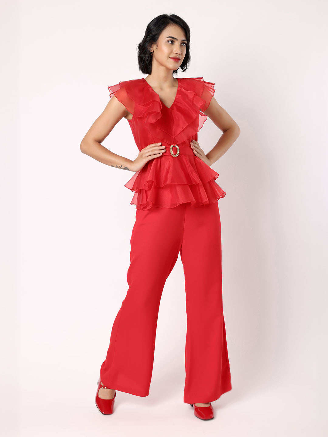 Red Organza Frill Top With Trousers