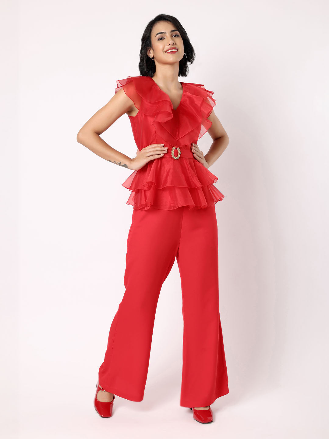 Red Organza Frill Top With Trousers