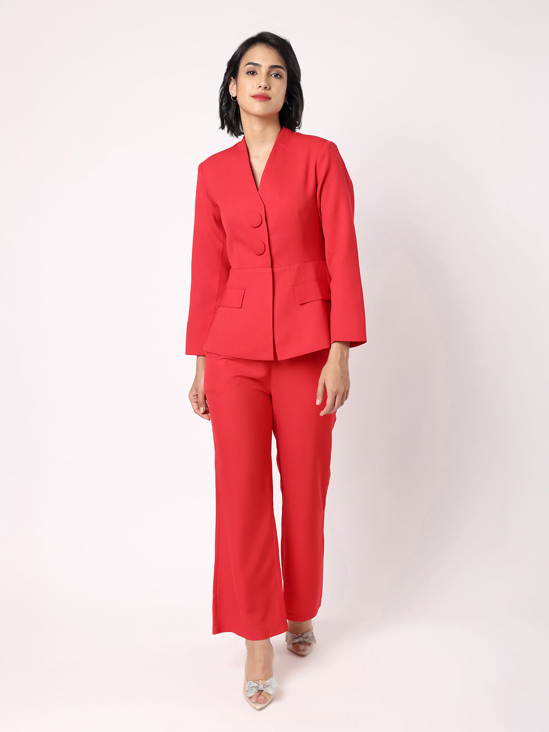Red Peplum Blazer With Trousers