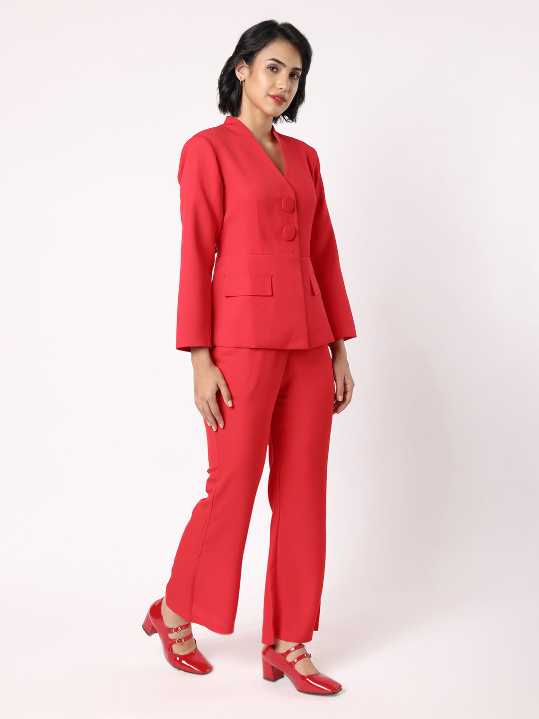 Red Peplum Blazer With Trousers